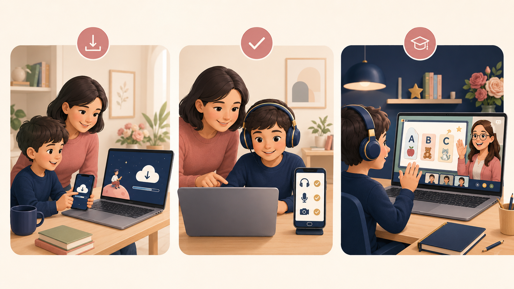 Three illustrated steps showing a learner downloading ClassIn, checking equipment and joining an online English classroom