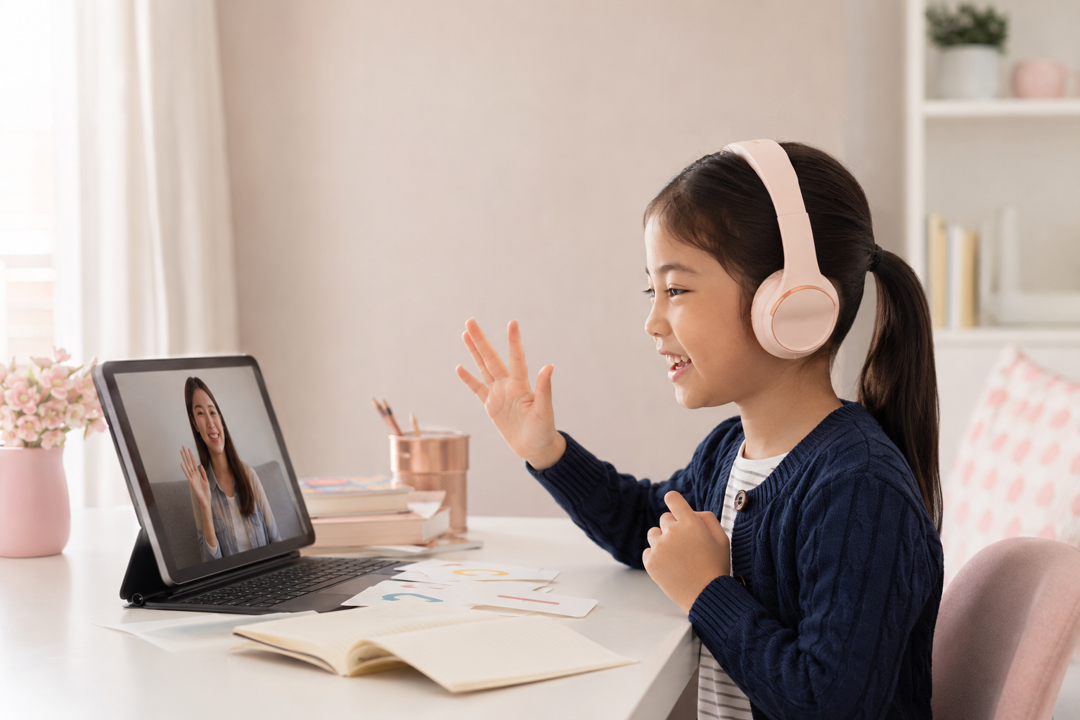 An English learner smiling and participating in an online lesson