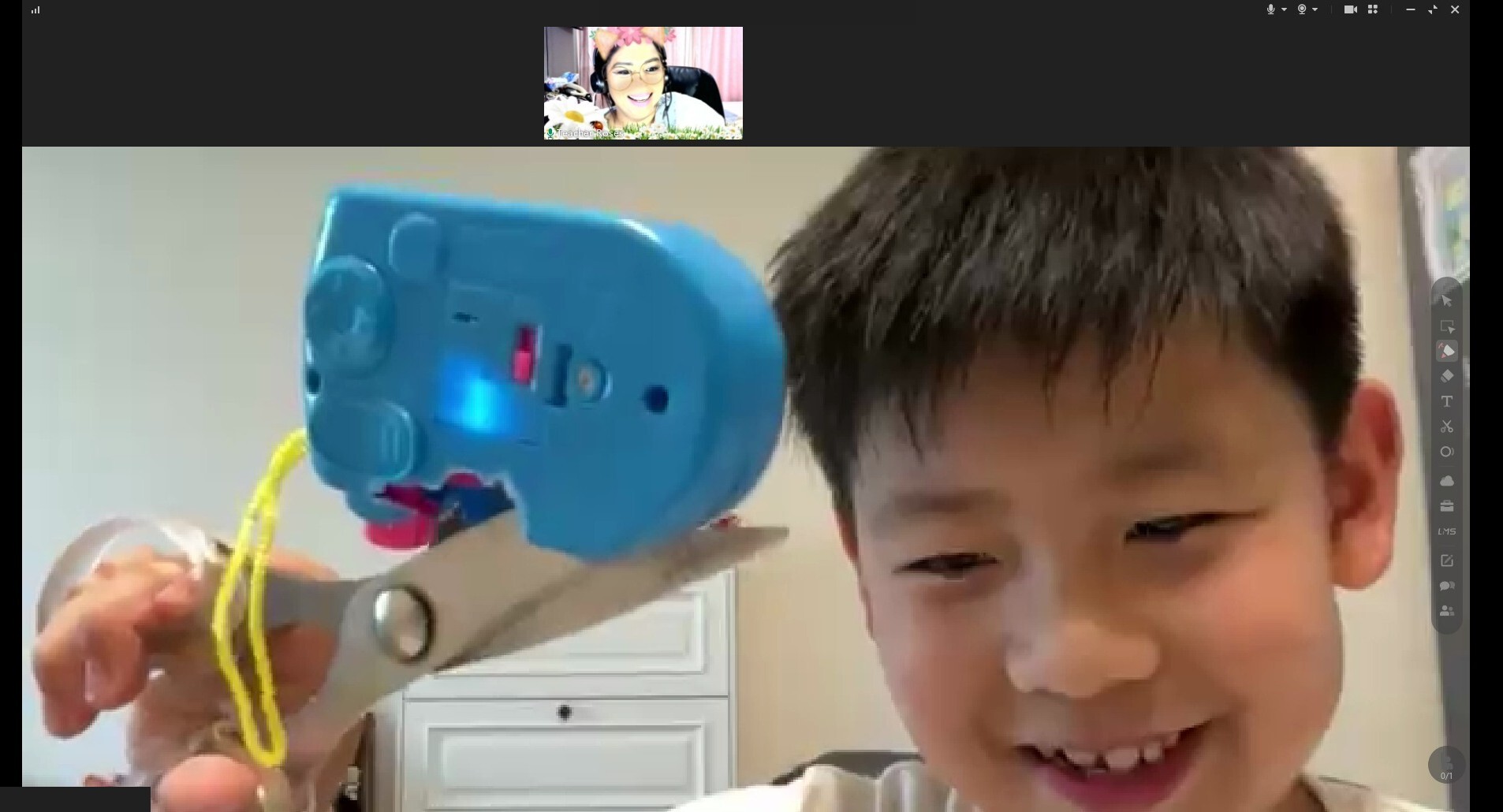 A student enjoying a show-and-tell activity with Teacher Roses on ClassIn
