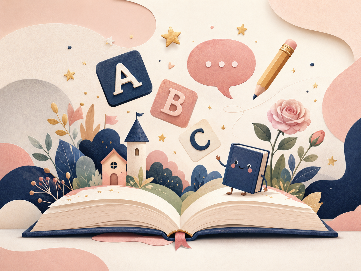 An illustrated storybook world with alphabet tiles, a pencil, stars and a rose