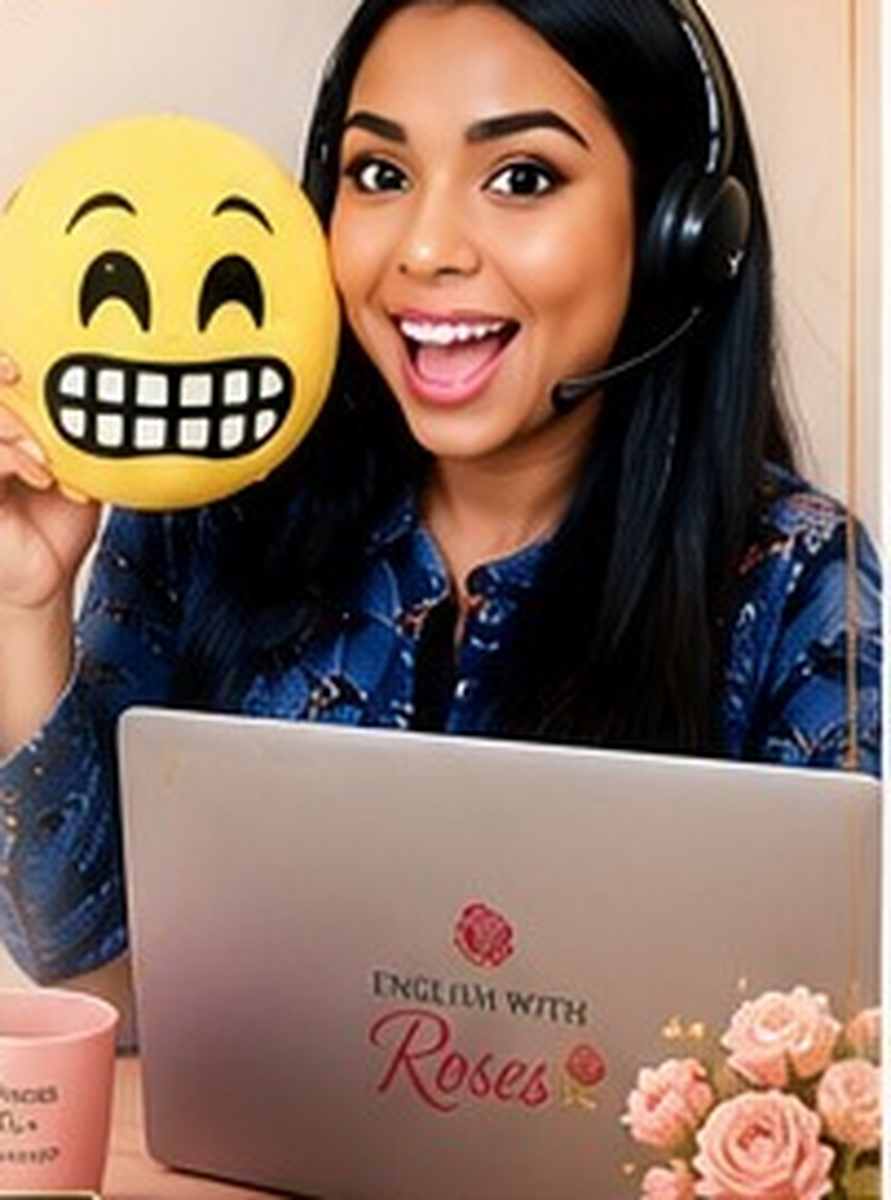 Teacher Roses teaching online with her headset, laptop and cheerful emoji learning prop